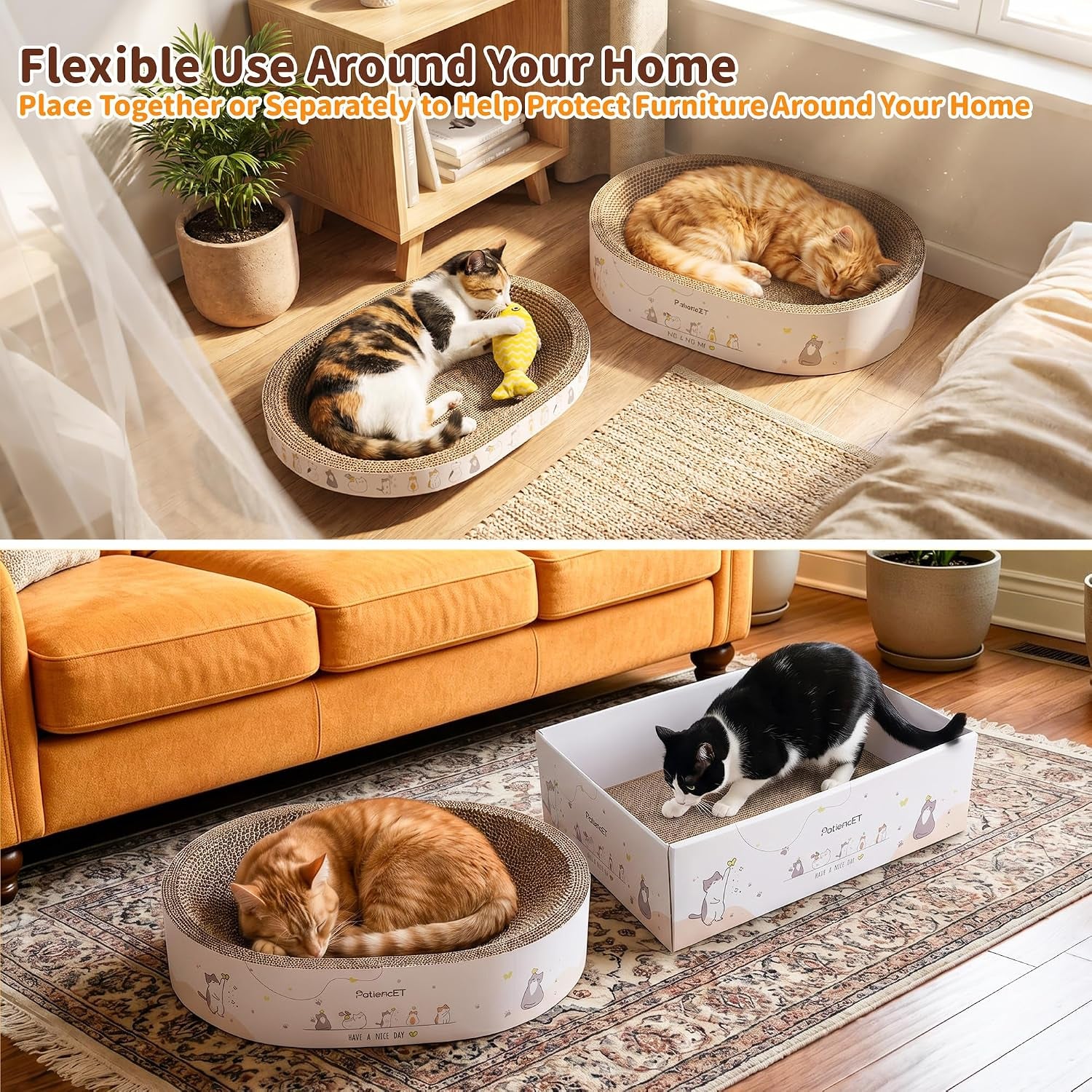 patiencet-3-in-1-cat-scratcher-cardboard-set-for-indoor-cats-cat-lounge-box-with-wide-slim-oval-cat-beds-corrugated-cat-scratching-board-for-furniture-protection-rest-play