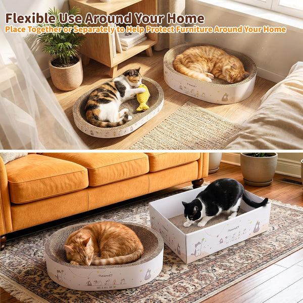 Patiencet 3-In-1 Cat Scratcher Cardboard Set for Indoor Cats, Cat Lounge Box with Wide & Slim Oval Cat Beds, Corrugated Cat Scratching Board for Furniture Protection, Rest & Play6