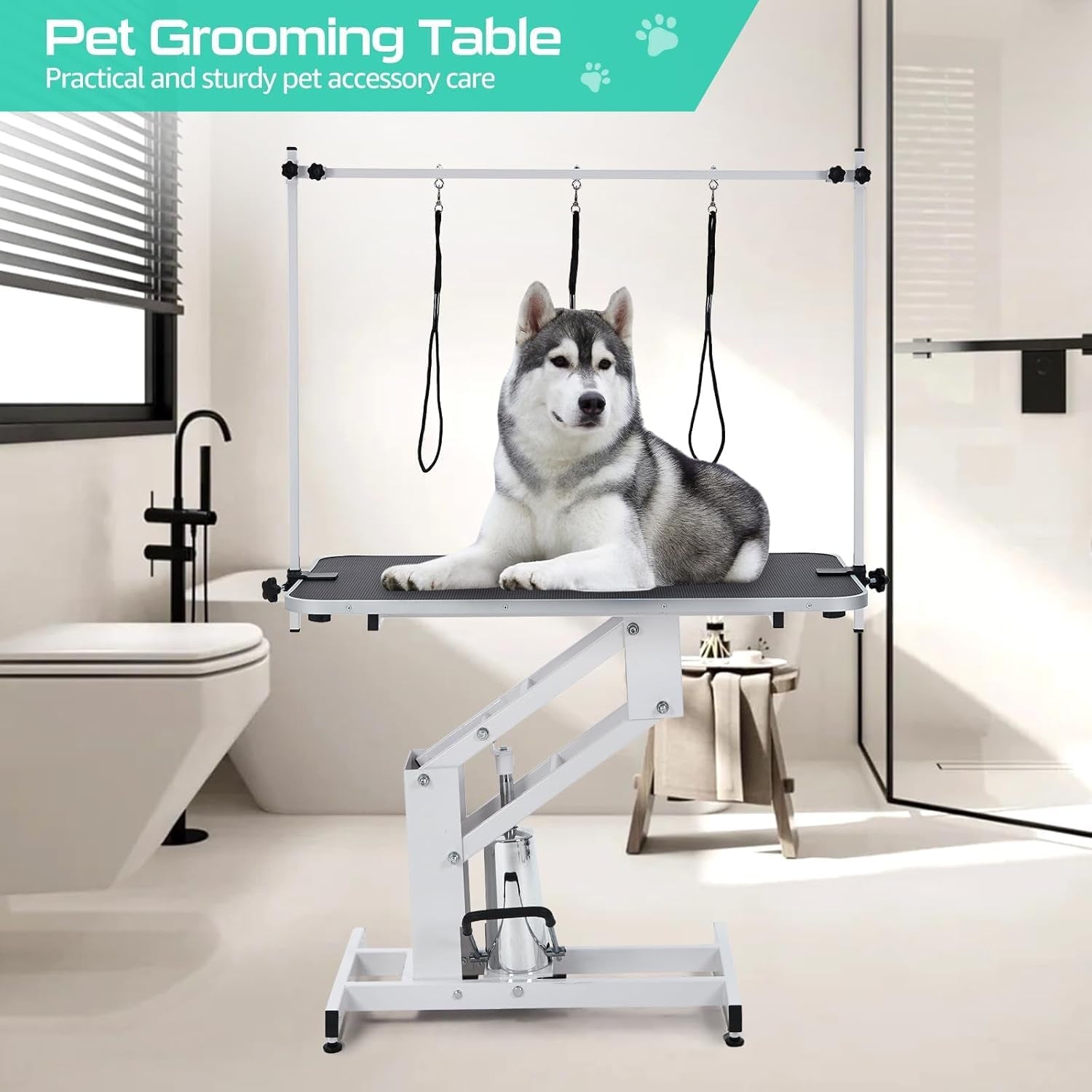 garveelife-43-3-hydraulic-dog-grooming-table-for-pet-heavy-duty-structural-hydraulic-max-load-350lbs-professional-pet-grooming-table-with-adjustable-overhead-arm-noose-height-range-22-39-white