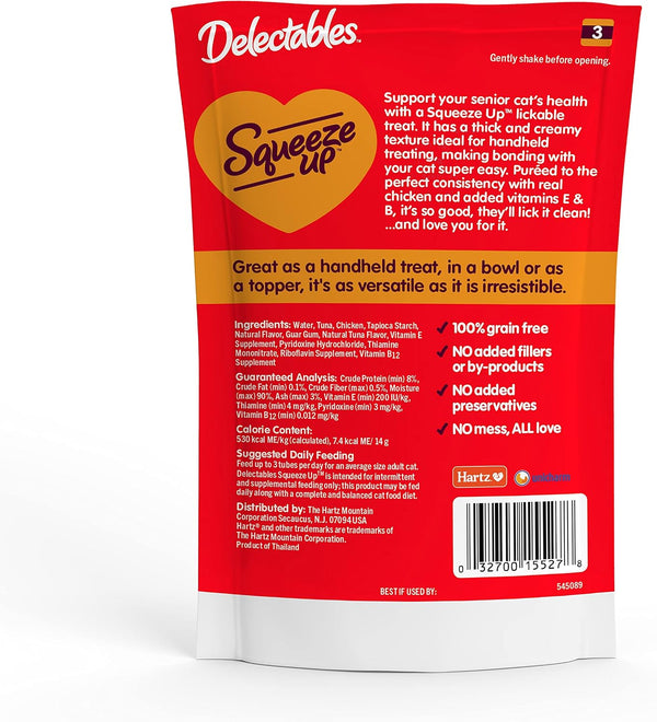 Delectables Squeeze up Creamy Squeezable Puree, Lickable Wet Cat Treats, Grain Free, No Added Fillers, No By-Products, No Added Preservatives, 0.5 Ounces Senior Chicken, 32 Tubes Total6