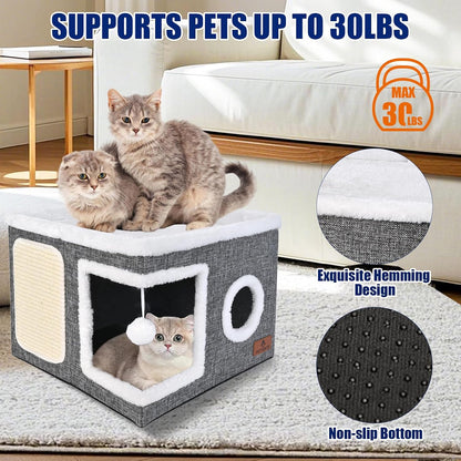 Cat Beds for Indoor Cats, Large Cat Cave Bed with Scratch Pad and Fluffy Ball, Foldable Cat Hideaway, Cat House with Reversible Cushion for Multi Small Pet up to 30LBS, Grey3