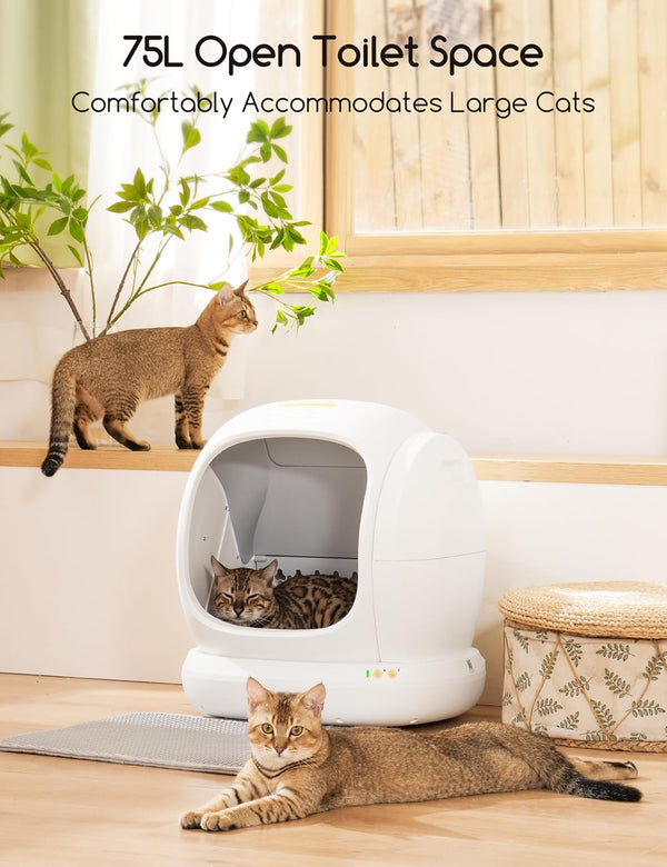 Meowant Self-Cleaning Cat Litter Box, 75L Extra Large Open Automatic Cat Litter Box for Multi Cats, Integrated Safety Protection/App Control/Odor Removal Smart Box with Mat & Liner2