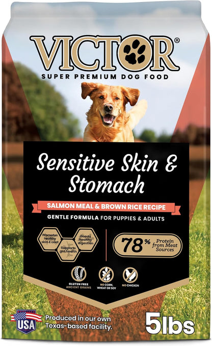 VICTOR Super Premium Dog Food — Sensitive Skin and Stomach — Salmon Meal & Brown Rice Recipe Dry Kibble — Gluten Free, No Chicken, Ideal for Dogs with Allergies — Adult and Puppy Food, 5 Lb1
