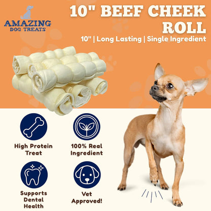Amazing Dog Treats Beef Cheek Rolls for Dogs – (Mega Thick 10" - 3 Pcs) Long Lasting Beef Cheeks, Natural Retriever Rolls, Rawhide Alternative Large Dog Chew, Single Ingredient2
