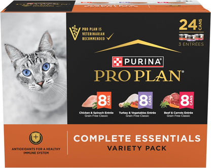 Purina Pro Plan Complete Essentials Chicken, Turkey and Beef Grain Free Wet Cat Food Variety Pack - (24) 3 Oz. Cans1