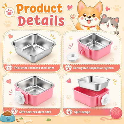 Lemonroad 12 Pcs Dog Crate Water Bowl Bulk No Spill Hanging for Kennel Removable Stainless Steel Puppy Food Water Feeding Bowls Cage Coop Cup for Dogs Cats Rabbits Birds Ferret(Square Bowl)3