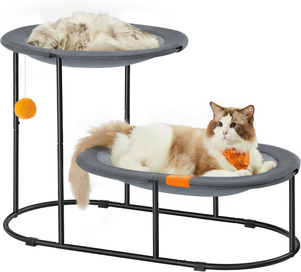 Feandrea 2-Tier Elevated Cat Hammock Bed, Breathable Furniture for Multi-Cat Households Indoor and Outdoor, with Removable Washable Mesh, Steel Frame, for Summer, Dove Gray UPCB012G011