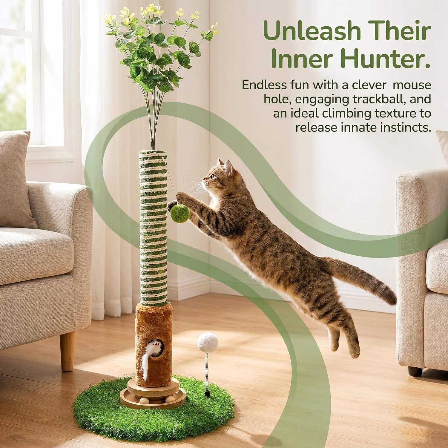 cat-scratching-post-39-tall-with-interactive-ball-mouse-hole-for-indoor-adult-cats-sisal-rope-cat-tree-tower-kitty-scratcher-furniture-with-artificial-grass-tree-for-kittens-cat-toys