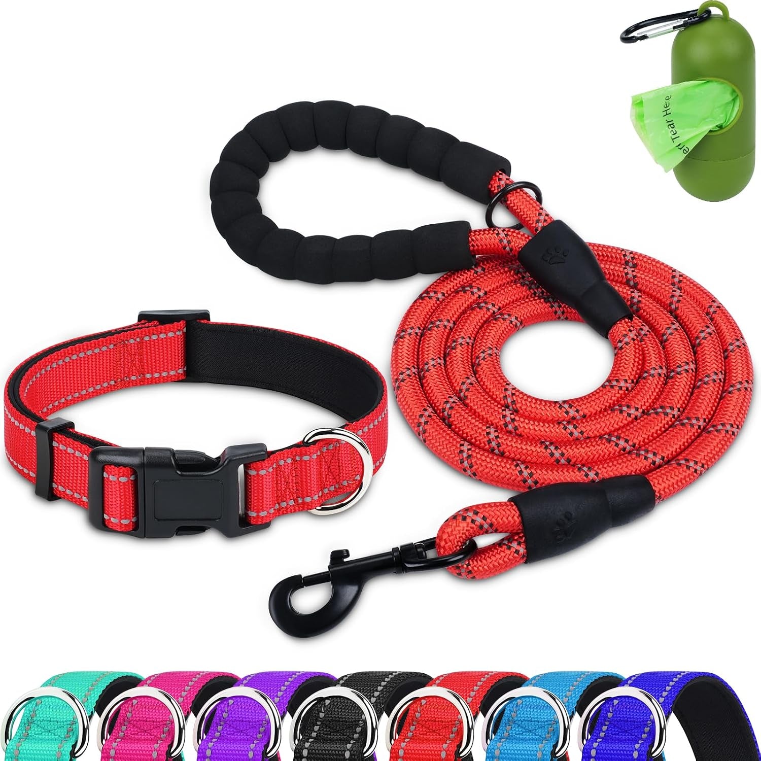 dynmeow-reflective-dog-collar-and-leash-set-for-large-dogs-teal-soft-neoprene-padded-6ft-climbing-rope-ideal-for-daily-outdoor-walking-or-indoor-wearing-night-visible-for-safety