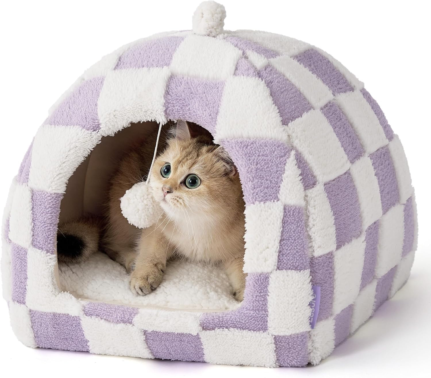 lesure-2in1-cute-cat-house-for-kitten-with-washable-cushioned-pillow-16in-cat-beds-for-indoor-cats-small-pet-cave-tent-cozy-enclosed-foldable-hideaway-fluffy-ball-anti-slip-bottom-hand-strap-purple
