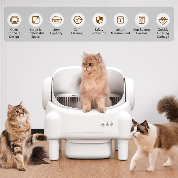 PARUUNTYS Self Cleaning Litter Box,Open Top Automatic Litter Box with App Control for Multiple Cats, Safety Sensors Protection, Odor Control Includes 2 Roll Liners,Large Waste Bin, Cream White3