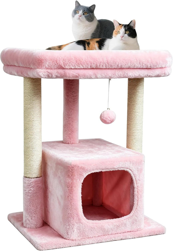 SYANDLVY 27" Cat Tree for Indoor Cats, Activity Tower with Scratching Posts | Modern Kitten Condo with Plush Perch & Hanging Ball for Play, Beige11
