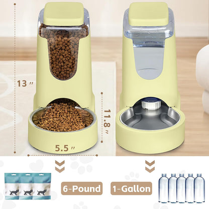 HWONMTE Portable Automatic Cat Feeder and Water Dispenser with Stainless Steel Bowl Dog Gravity Food Feeder and Waterer for Small Medium Pets Puppy Kitten 1 Gallon X 2 (Cream Yellow)2