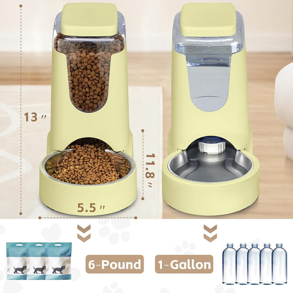 HWONMTE Portable Automatic Cat Feeder and Water Dispenser with Stainless Steel Bowl Dog Gravity Food Feeder and Waterer for Small Medium Pets Puppy Kitten 1 Gallon X 2 (Cream Yellow)2