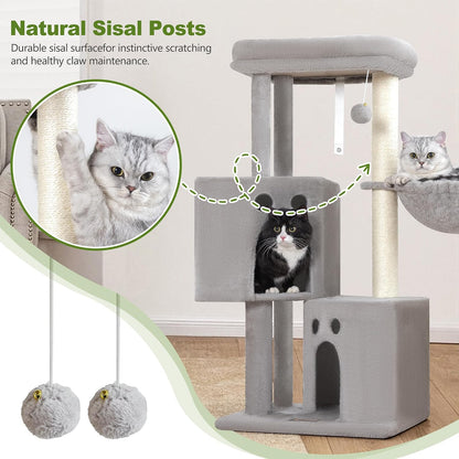 Small Cat Tree Tower for Indoor Cats, 40 in Medium Cat Bed Scratching Posts | Multi Level Compact Kitty Kitten Houses Climbing Trees Stands with 2 Condos Sisal Post Perch Platform Hammock Plush Toy Balls5