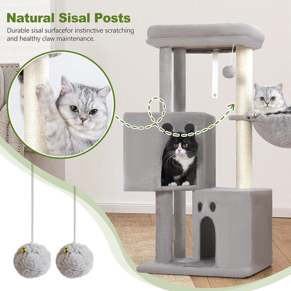 Small Cat Tree Tower for Indoor Cats, 40 in Medium Cat Bed Scratching Posts | Multi Level Compact Kitty Kitten Houses Climbing Trees Stands with 2 Condos Sisal Post Perch Platform Hammock Plush Toy Balls5