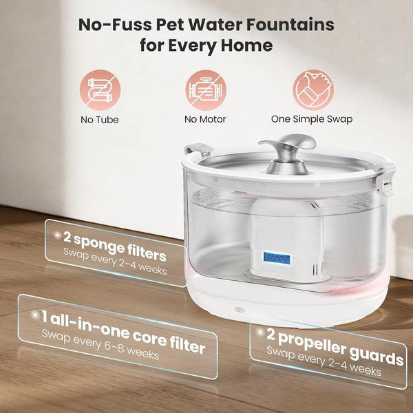 Cat Water Fountain Pumpless Stainless Steel Buckets & Bowl Wireless Pet Water Fountain 2.5L Water Fountains for Cats Indoor Dispenser Easy to Clean BPA -Free White2