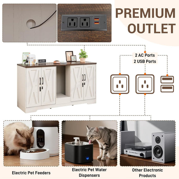 59.1" Cat Litter Box Enclosure for 2 Cats, Hidden Litter Box Furniture with Power Outlet & Removable Hallway, Lockable Door & Anti-Tip Design, Farmhouse Litter Box Cabinet with Magnetic Door, White6