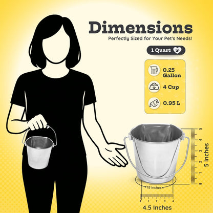 Stainless Steel Flat Side Bucket 1 Quart (0.25 Gallon)- Heavy Duty Hanging Food & Water Pail for Dogs, Cats, Birds, Kennel, Cages & Crates, Durable Rustproof Multi-Purpose Feeding Buckets3
