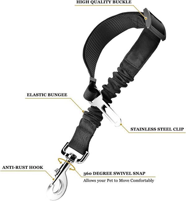 Sungrow Elastic Nylon Dog Seat Belt, 24” - 36”, Adjustable Black Harness, Elastic Tether with Metal Buckles, 2 Pcs per Pack5