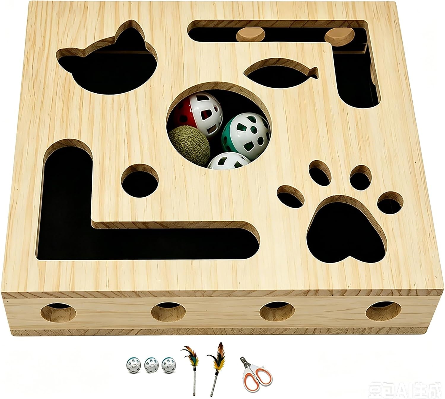 cat-nail-file-scratcher-large-solid-wood-cat-toy-box-with-sandpaper-inside-interactive-indoor-cat-toy-cat-claw-saver-box-3-bells-2-cat-wand-1cat-nail-clippers