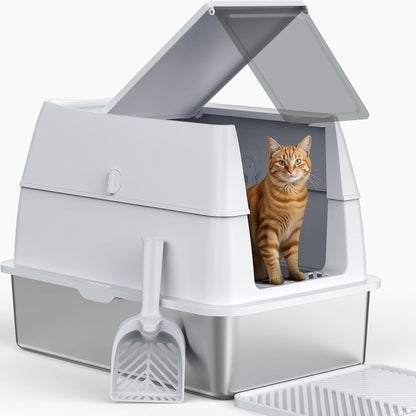 XL Extra Large Stainless Steel Litter Box with Lid, Metal Cat Litter Boxes for Big Cats Enclosed, Metal Litter Box with Litter Scoop Set, Non-Sticky, Anti-Urine Leakage, 24"*16"*18", Silver Gary1