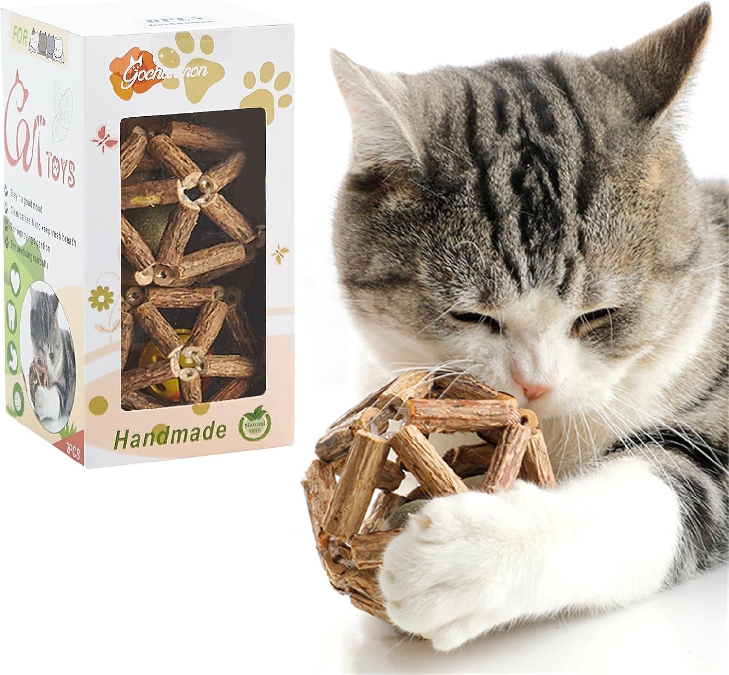 gochanmon-catnip-toys-2pcs-natural-silvervine-stick-catnip-ball-bell-ball-cat-toys-for-indoor-cats-cleaning-teeth-molar-tools-matatabi-cat-chew-toy-kitten-toys-all-breeds