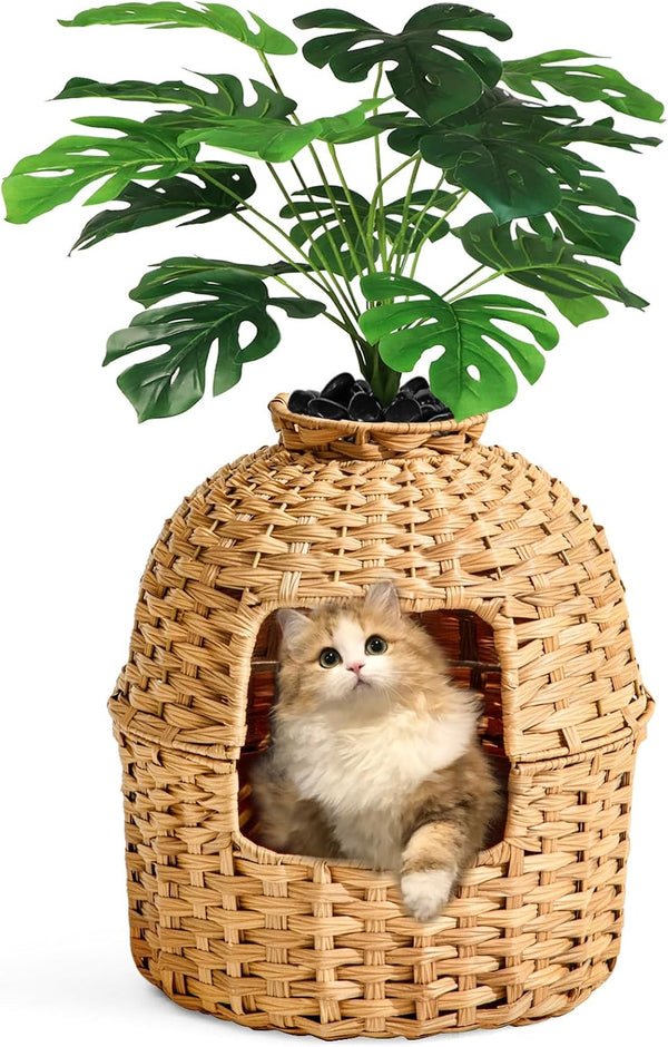 SETVSON Cat Litter Box Plant Furniture Enclosure, Rattan PE House, Natural | Decorative Planter Design, Removable Top for Easy Cleaning, Includes Artificial Plants, Real Stones, 20 X 20 Inches1
