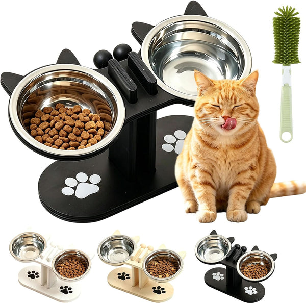 2026 New Anti-Slip Elevated 3-Bowl Pet Feeder, Cat Bowls with Stand Tilted, Stainlesssteel Cat Feeding Station, Ergonomic Elevated Cats Bowls with Wooden Base, Pet Feeding Station for Food & Water (E)11