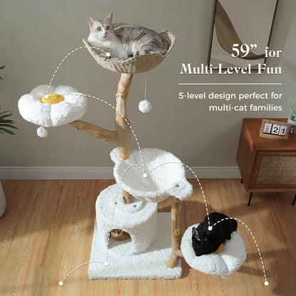 PAWZ Road 59" Modern Cat Tree, Natural Wood Cat Tower for Large Cats White | Wicker Basket Bed&2 Flower Perches for Multi-Cat, Cat Tree Tower with Large Condo&Hammock, Solid Wood Cat Tree House5