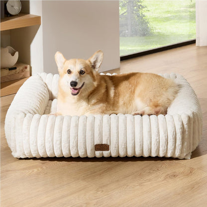 Bedsure Comfyfleece™ Cute Dog Bed for Small Medium Dogs Washable,25In Cream | Furry Puppy Beds,Square Rectangle Orthopedic Corduroy Aesthetic Pet Beds,Removable Zipper Cover,Non-Slip Bottom,Up to 15 Lbs21