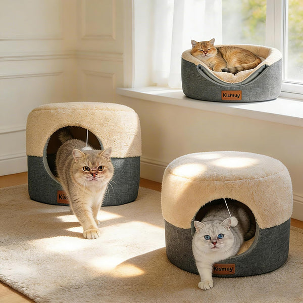 2-In-1 Foldable Cat Bed for Indoor Cats, Cat Cave & Sofa Bed | 15.7"D X 13"H, Reversible Plush & Linen Cushion,Enclosed Cat Bed, Hanging Cat Toys, Non-Slip, Small Cat House, Grey14