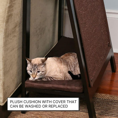 THE REFINED FELINE A-Frame Cat Bed Cave in Black Espresso with Ventilated Base, Multipurpose Wood Cat Furniture Table, Easy to Clean Covered Cat Bed with Replaceable Scratching Post & Washable Cushion4