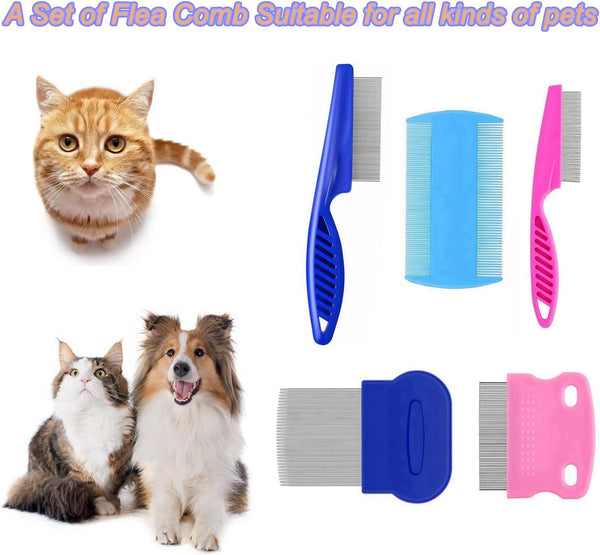 5 Pack Flea Lice Comb,Stainless Steel Dog Cat Grooming Combs with Rounded Teeth,Double Sided Professional Pet Tear Stain Remover,Dematting Tool for Small, Ideal for All Pet6
