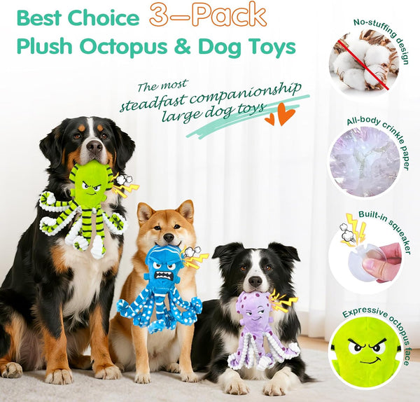 Fuufome Octopus Dog Toys with No Stuffing for Small, Medium & Large, 3 Pack | Tough Plush Squeaky Interactive Fetch Toys, Puppy Teething Chew Toys to Relieve Boredom, Perfect for Cuddling & Playtime2