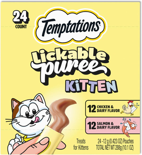 Temptations Lickable Puree Kitten Cat Treats, Chicken & Salmon, 24 Count | Chicken & Salmon, DHA Supports Brain Development, High Moisture for Hydration, under 15 Cal/Pouch, No Added Sugar or Fillers1
