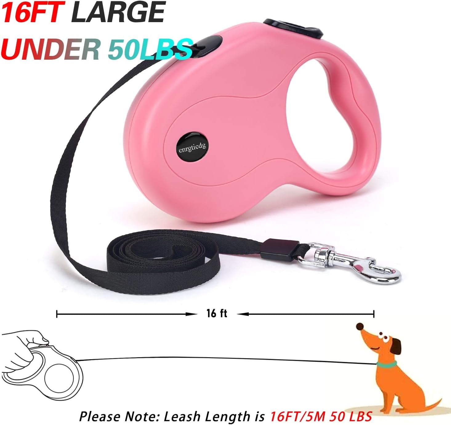enrgticdg-16ft-retractable-dog-leash-light-weight-leash-for-small-to-medium-dogs-cats-up-to-50lbs-stainless-steel-spring-strong-nylon-tape-tangle-free-one-handed-brake-pink-black
