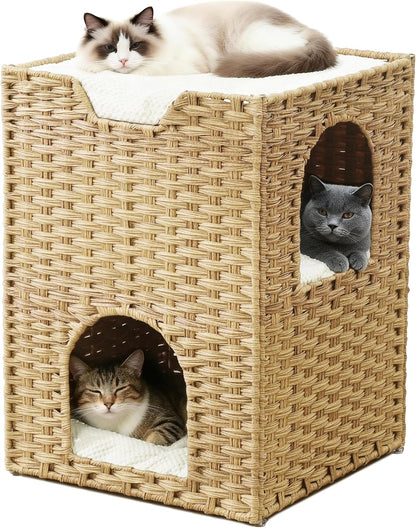 Cat Bed for Indoor Cats, a Stylish Cat Hideaway & Cat House - Handwoven Rattan Cat Cave Bed with Soft Cushion, Foldable Cat Cubes for Indoor Cats, Sturdy Cat Perch & Furniture Coffee Brown7