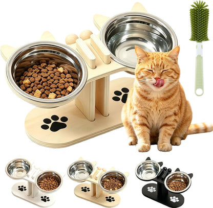 2026 New Anti-Slip Elevated 3-Bowl Pet Feeder, Cat Bowls with Stand Tilted, Stainlesssteel Cat Feeding Station, Ergonomic Elevated Cats Bowls with Wooden Base, Pet Feeding Station for Food & Water (E)9