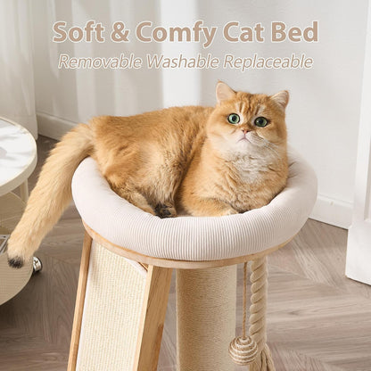 Modern Cat Tree Small Tower with Scratching Post for Indoor, 28 Inch Solid Wood Multifunctional Corner Cat Tree Tower with Bed, Dangling Ball,Interactive Rope, Scratching Board8