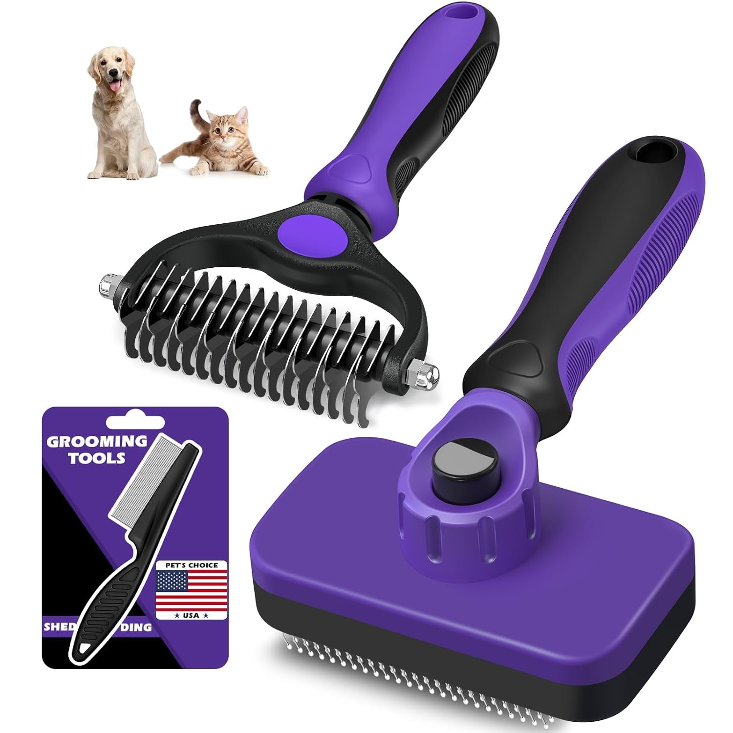 professional-3pcs-self-cleaning-slicker-brush-pet-grooming-rake-flea-comb-for-dogs-cats-and-horses-double-sided-dematting-comb-skin-friendly-deshedding-grooming-tool-pet-supplies-blue