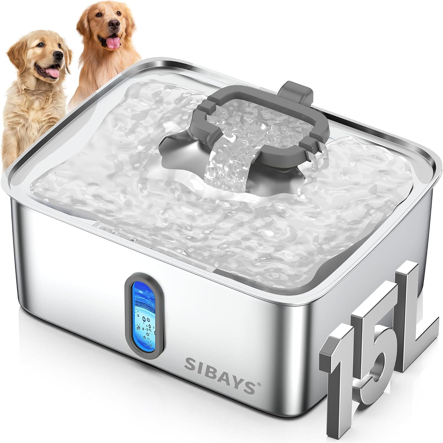 sibays-4gal-15l-dog-water-fountain-for-large-dogs-stainless-steel-large-pet-water-fountain-ultra-quiet-automatic-dog-water-bowl-dispenser-with-water-level-window-and-led-lightfs78-silver-grey