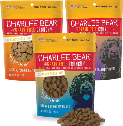 Charlee Bear Crunchy Dog Training Treats, 3 Flavor Variety Pack 8Oz 3-Pack | Low Calorie 3 Cal, Grain Free, Natural Mini Treats, for Puppies Small Medium Large Dogs, USA Made1