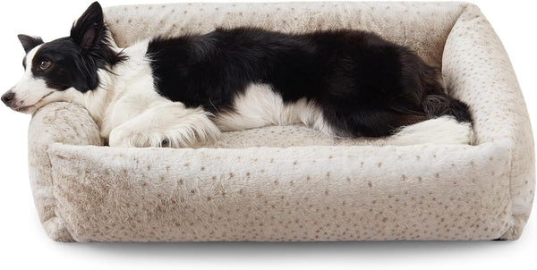JOEJOY Dog Bed Medium Size Dog, Removable Washable Cover Orthopedic Soft Pet Bed, Anti-Slip Fluffy Plush Faux Rabbit Fur Puppy Bed, 30"X24"X8", Leopard Print, Grey25