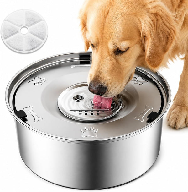 Dog Water Bowl No Spill, 3L/101Oz Stainless Steel Slow Feeder Dog Bowl with Floating Disk, Spill Proof Dog Water Bowl Dispenser for Messy Drinkers, anti Splash Large Dog Bowl with Filter1