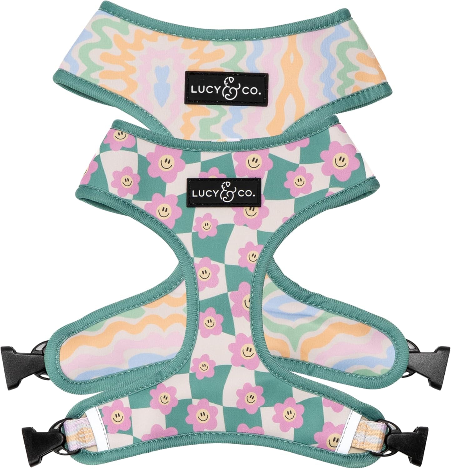lucy-co-reversible-dog-harness-water-repellent-neoprene-dual-print-design-easy-swap-style-adjustable-comfort-fit-take-a-bow-reversible-harness-small