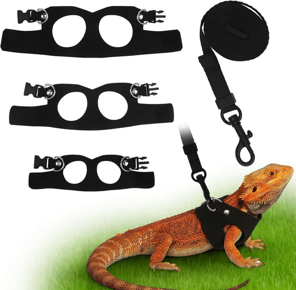 3Size Black Bearded Dragon Leash and Harness Set with Lizard Traction Rope | for Reptile, Lizard Leash/ Squirrel Harness/ Small Rabbit Traction Rope (S, M, L)1