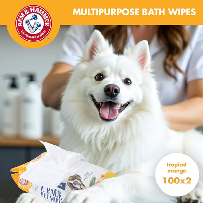 Arm and Hammer for Pets Heavy Duty Multipurpose Dog Bath Wipes, Mango Scent - All Purpose Wipes Remove Odor and Refresh Your Dog’S Skin between Baths, 100 Count - 2 Pack2