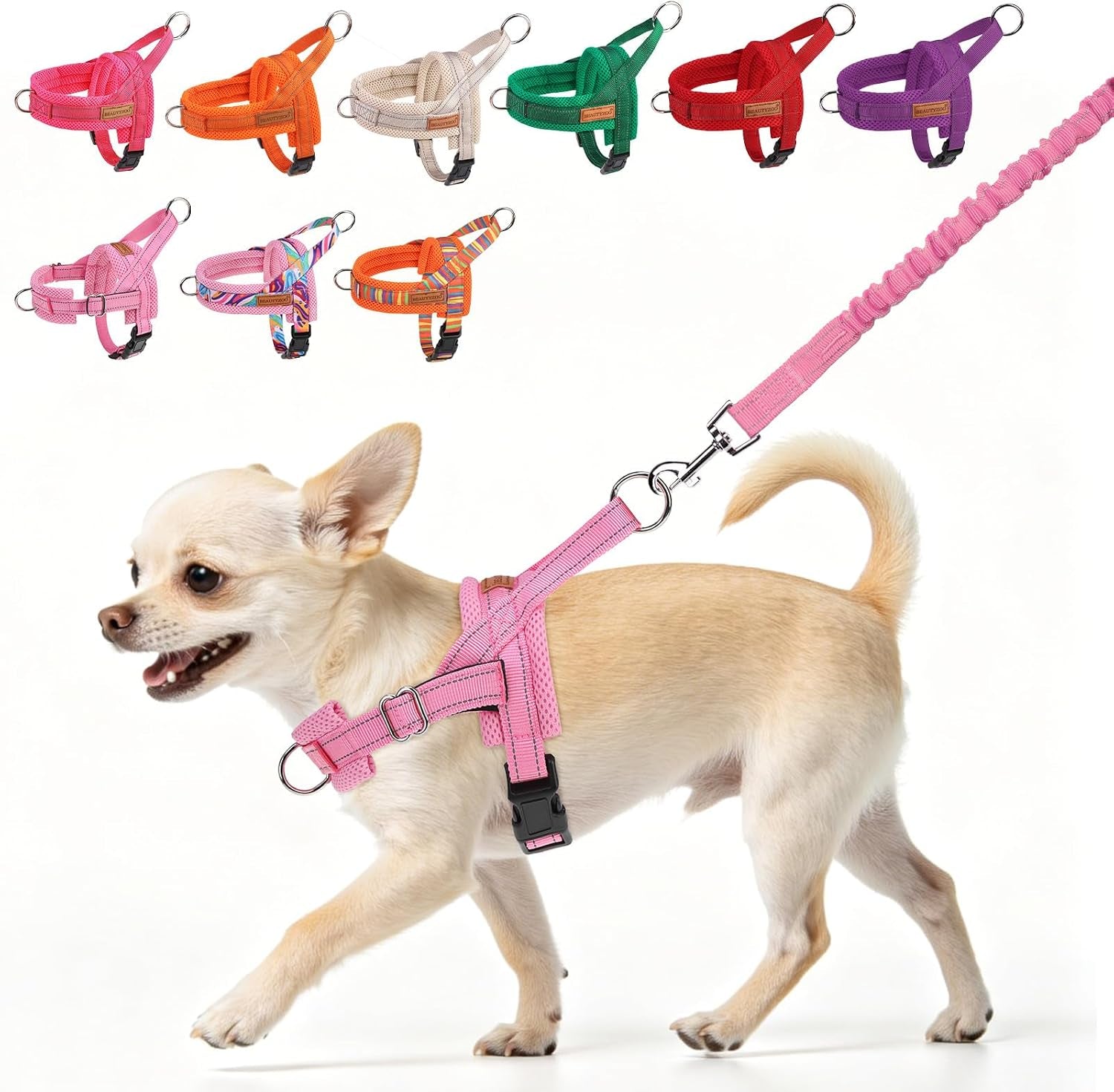 beautyzoo-dog-harness-no-pull-quick-fit-dog-harness-and-leash-set-escape-proof-vest-harness-with-soft-handle-reflective-breathable-mesh-padding-harness-for-medium-size-dog-training-walking-beige-m