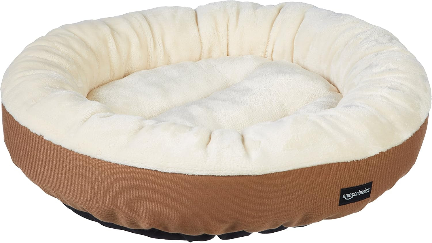 amazon-basics-round-bolster-pet-bed-for-dog-or-cat-with-flannel-top-20-0-l-x-20-0-w-x-6-0-th-up-to-11lbs-brown-and-ivory